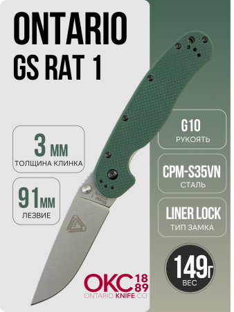 Нож Ontario GS RAT 1, S35VN, Stonewash, Green G10, 8992 Нож Ontario GS RAT 1, S35VN, Stonewash, Green G10, 8992