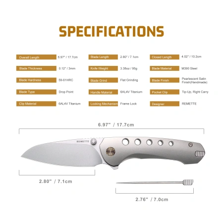 Нож Remette Bee, M390, Titanium Handle, Toothpick, RT-Bee-T