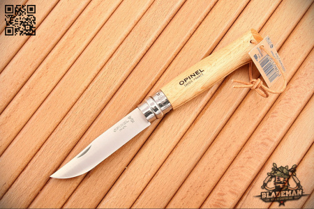 Нож Opinel №8, Нержавеющая сталь, Бук, с кожаным темляком - купить в интернет-магазине Blademan