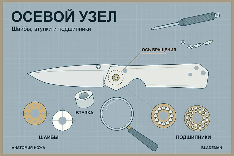 Осевой узел ножа: шайбы, подшипники и втулка