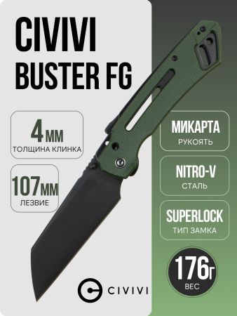 Нож CIVIVI Buster FG, Black Stonewashed, Nitro-V,Micarta Green Handle, C24052-3