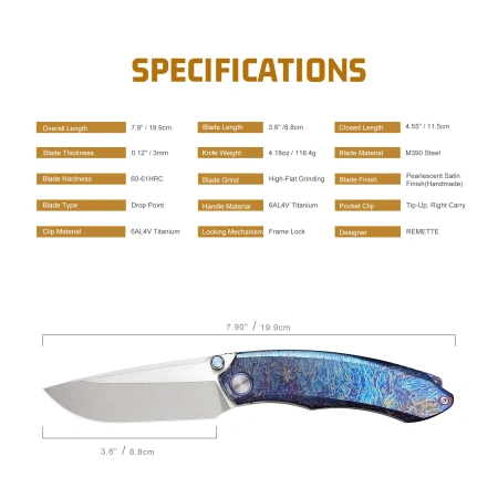 Нож Remette Wild Species, M390, Titanium Fired DarkBlue Handle, WD108-B Нож Remette Wild Species, M390, Titanium Fired DarkBlue Handle, WD108-B