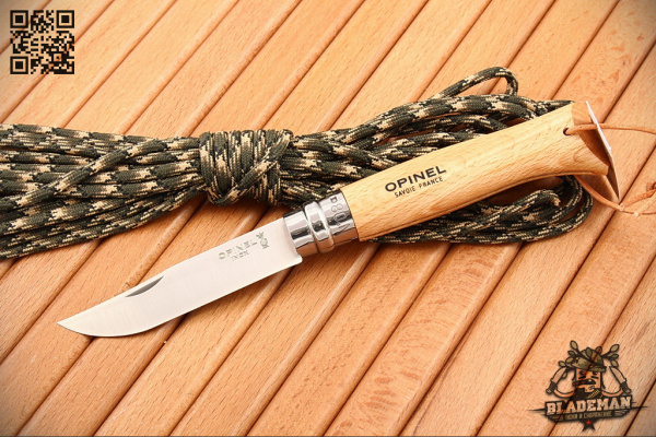 Нож Opinel №8, Нержавеющая сталь, Бук, с кожаным темляком - складной туристические ножи из стали