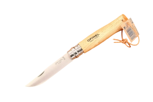 Opinel №8 с кожаным темляком — нож в открытом виде с темляком и биркой