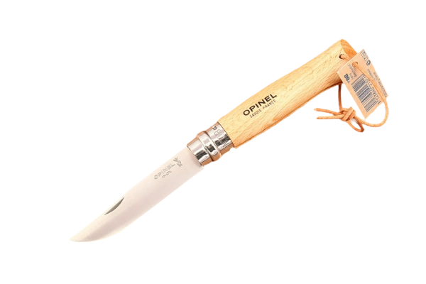 Opinel №8 с кожаным темляком — нож в открытом виде с темляком и биркой
