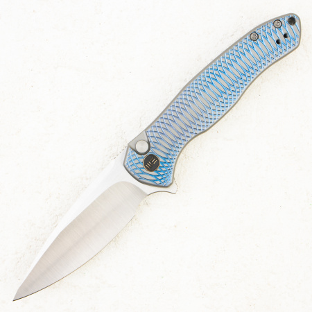 Нож WE Knife Button Lock Kitefin, CPM 20CV, Blue Polished Ripple Patterned Gray Titanium Handle